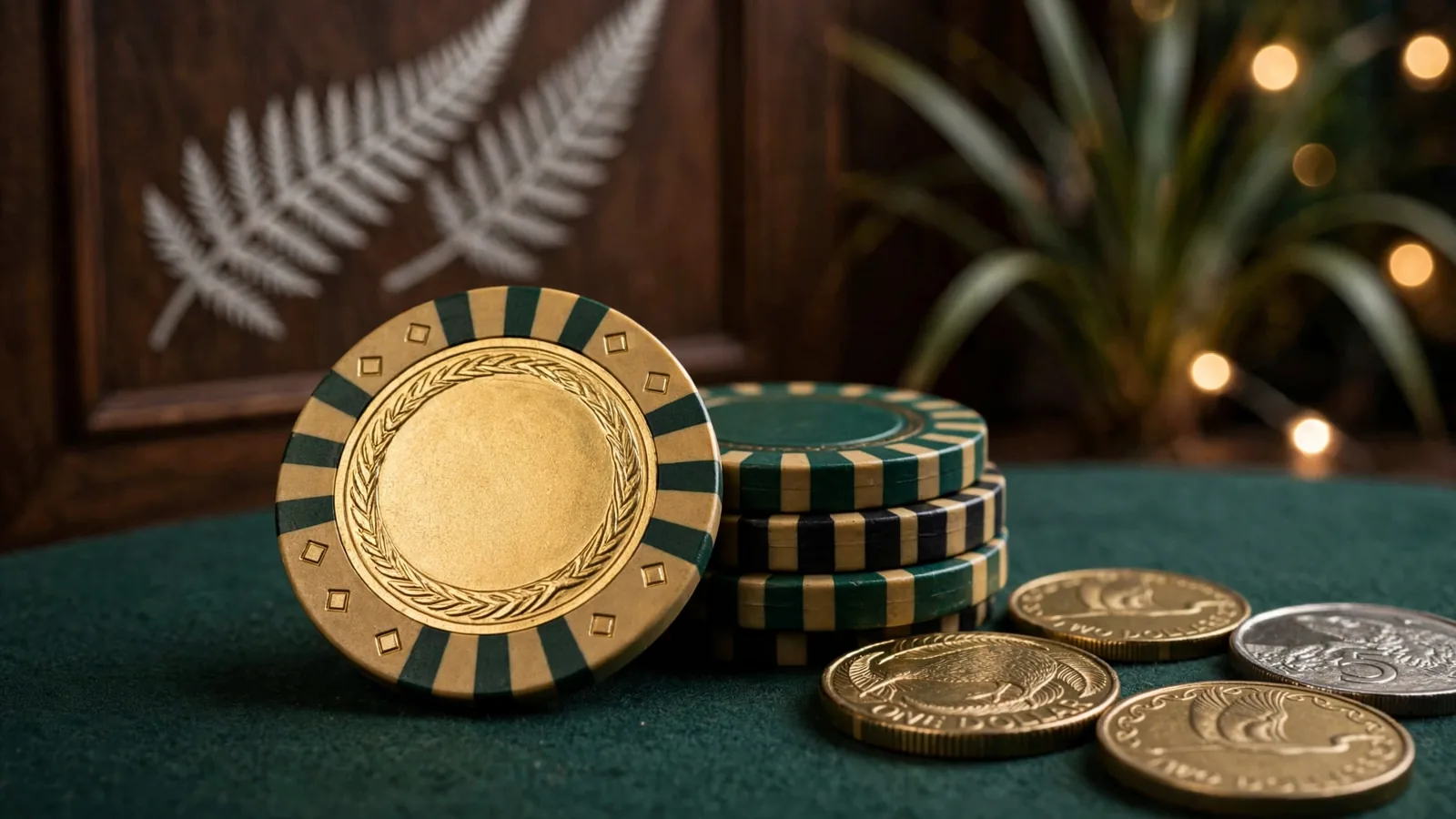 Golden casino chip with NZ dollar coins on a green felt table, New Zealand casino atmosphere.