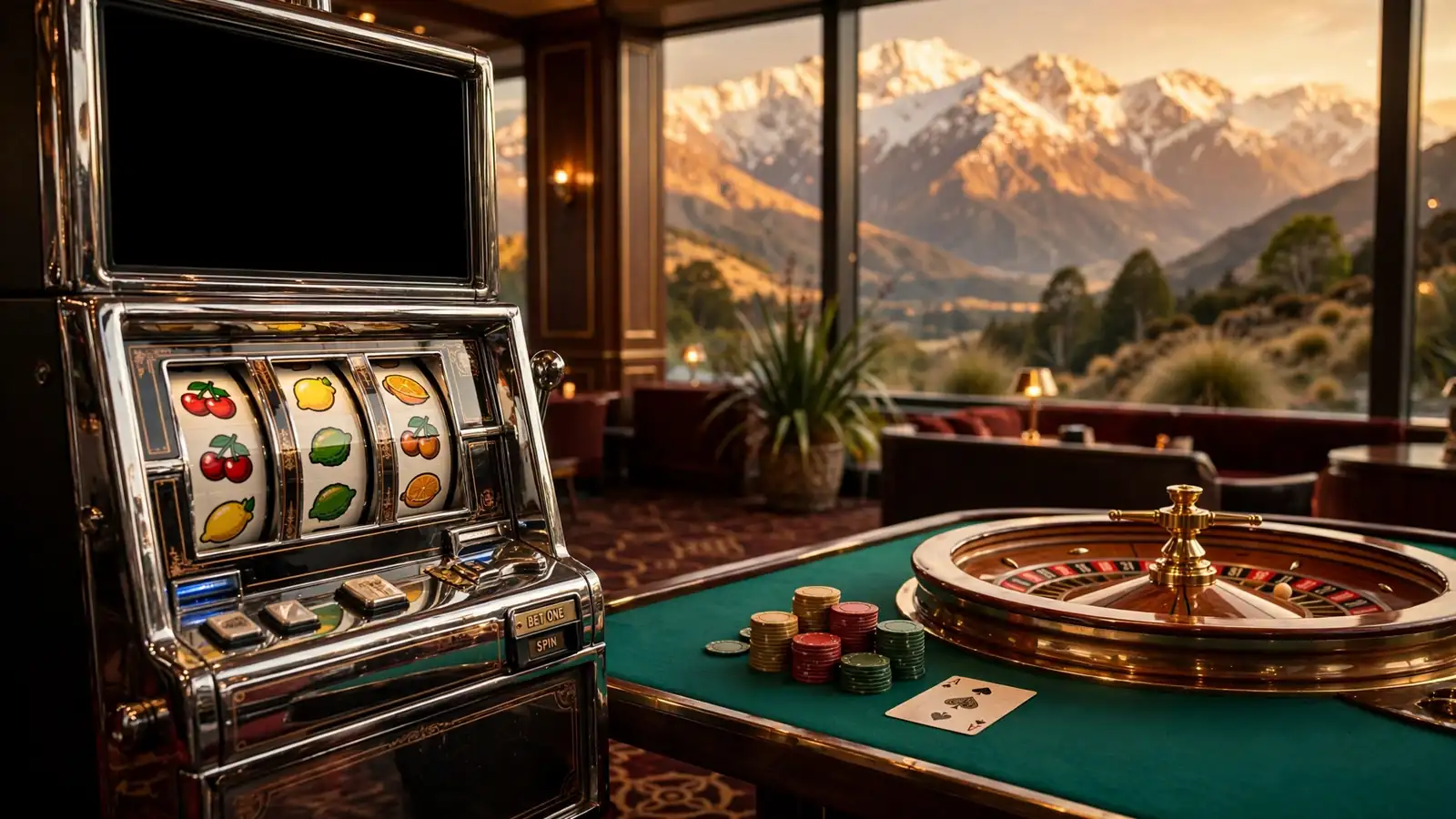 Slot machine and casino table with New Zealand Alps in background
