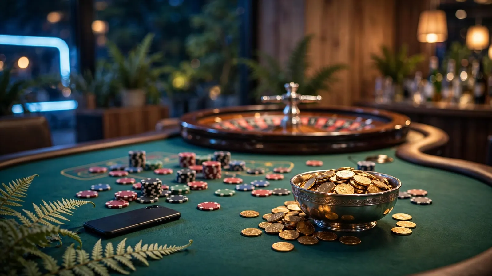 Casino table with chips, roulette wheel and gold coins in New Zealand setting