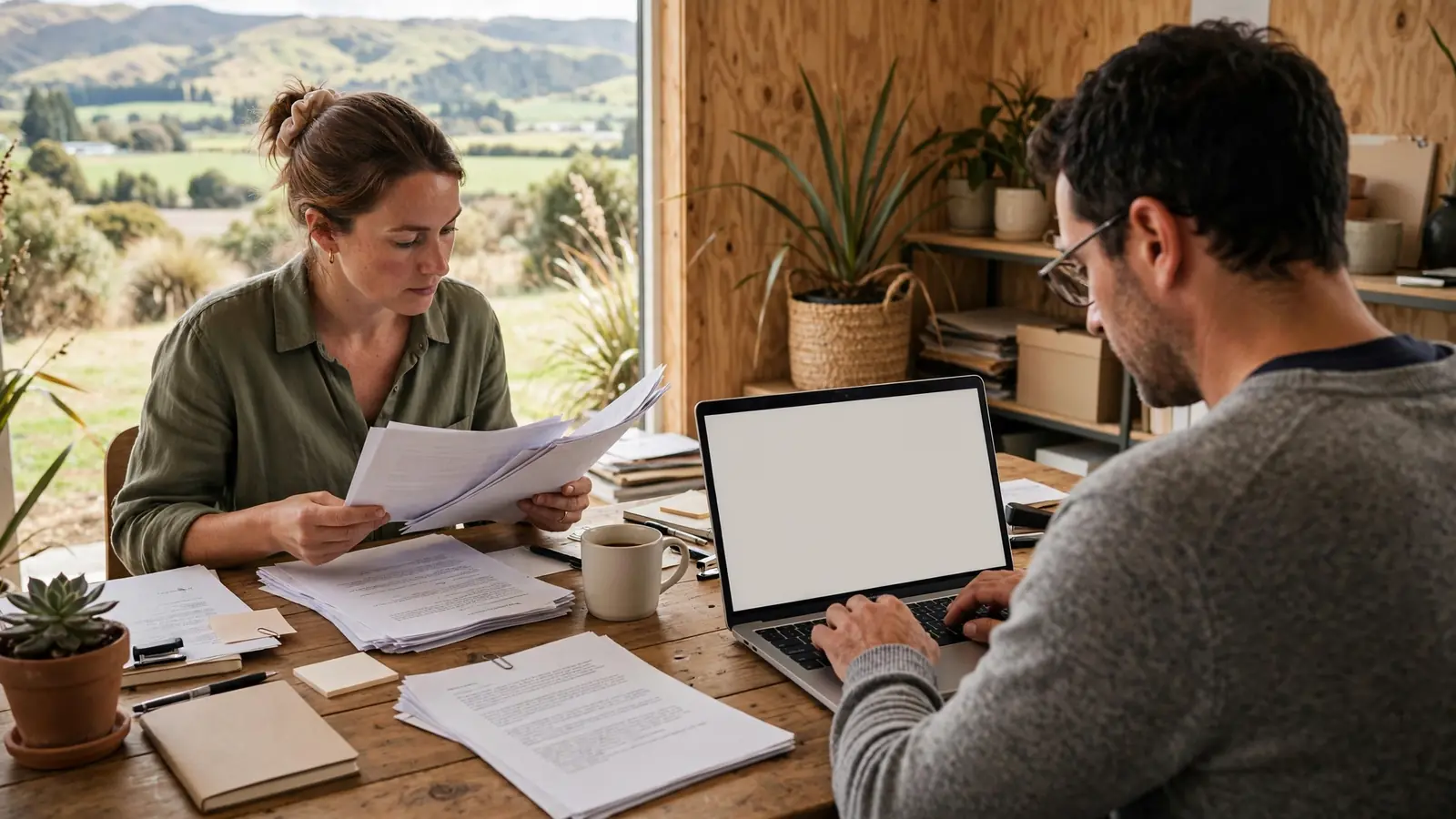 Editorial team reviewing documents in a sunlit New Zealand office.
