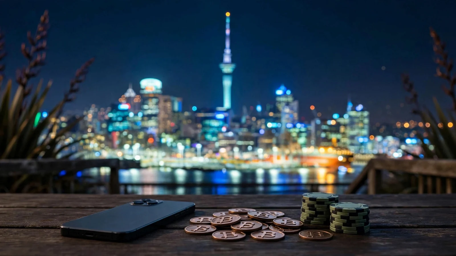 Smartphone face-down with Bitcoin tokens and casino chips on a table, Auckland skyline behind.