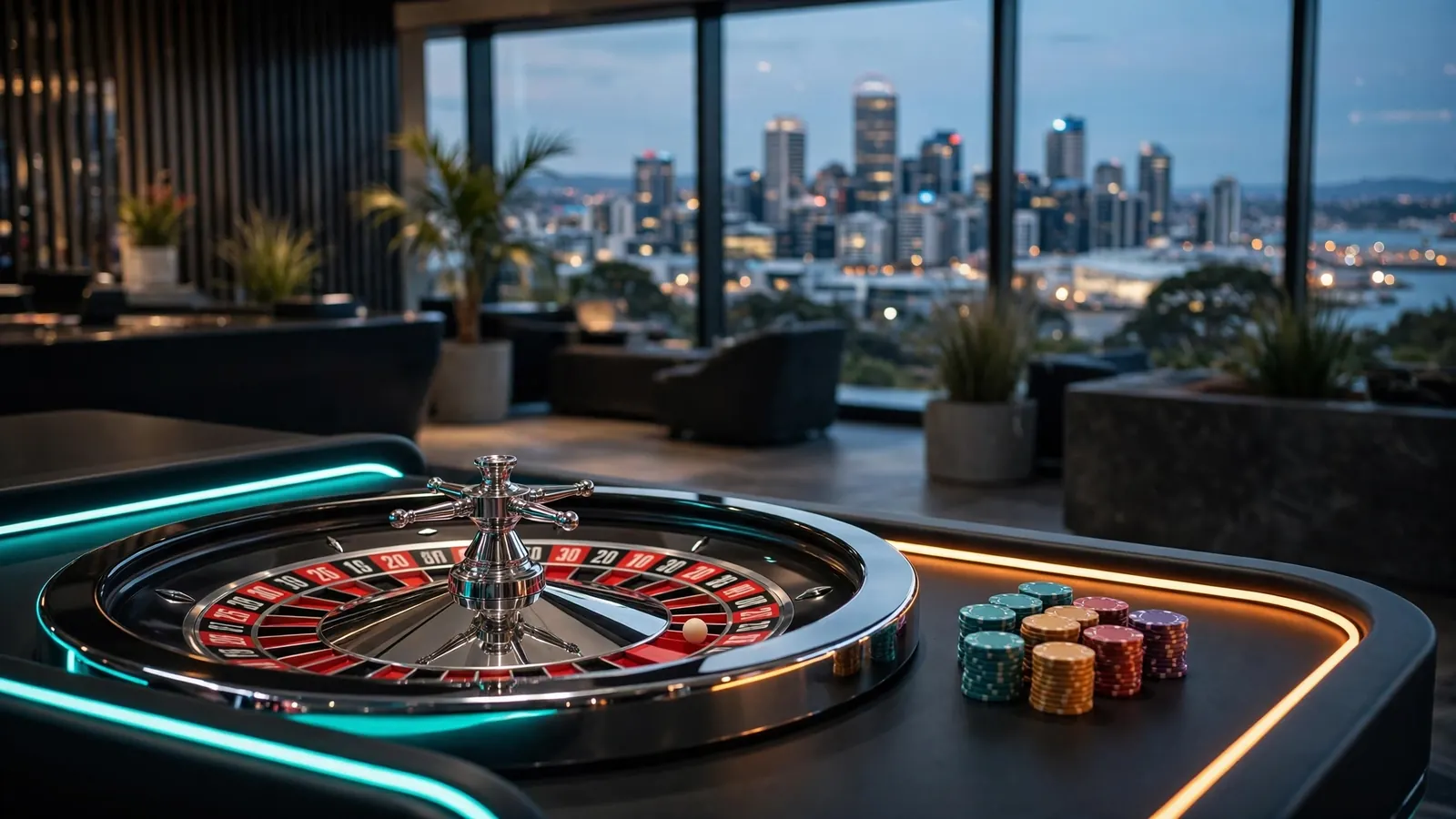 Modern automated roulette terminal with casino chips in a New Zealand casino lounge at dusk