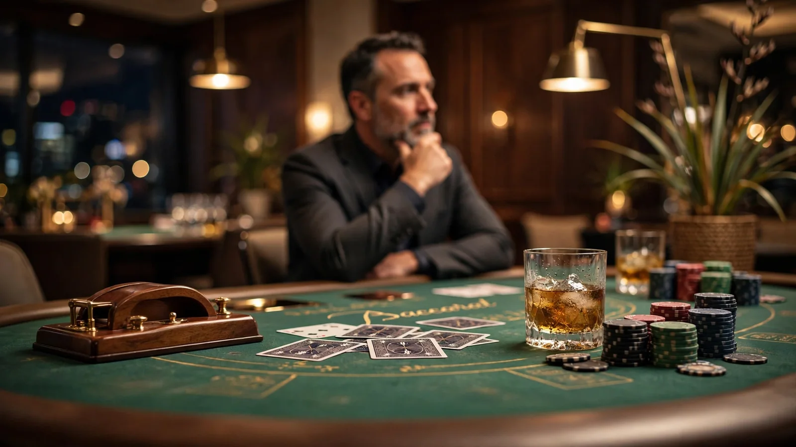 Elegant baccarat table with chips and cards in a New Zealand casino