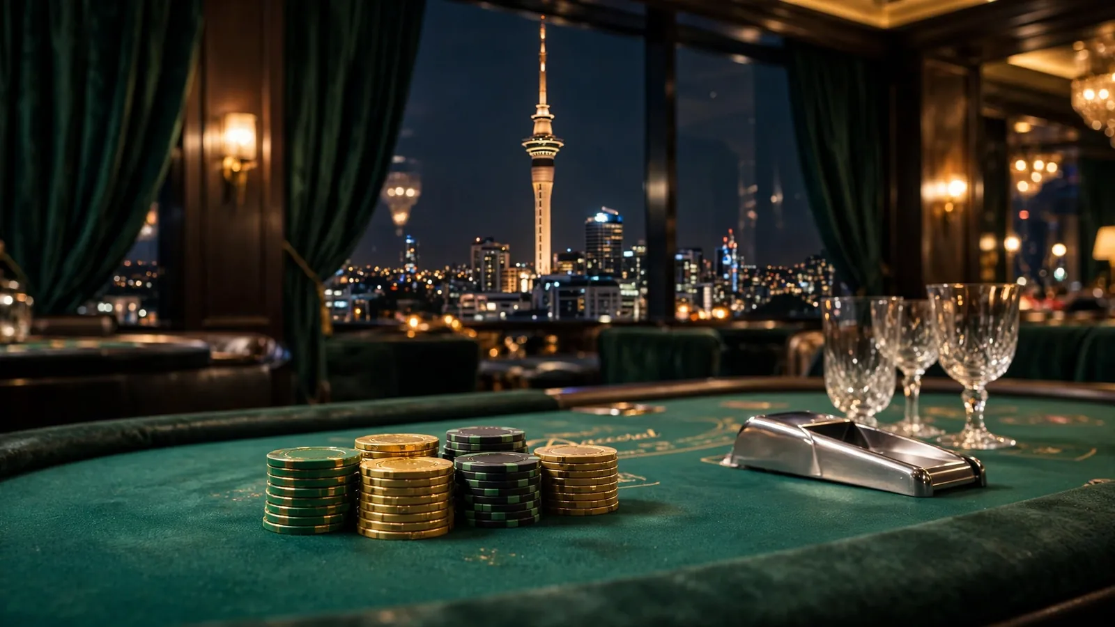 Elegant baccarat casino table with chips overlooking New Zealand city skyline