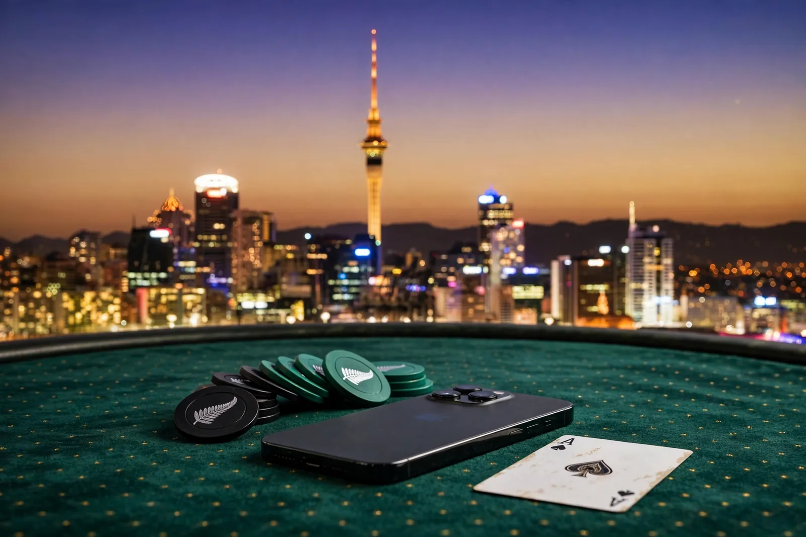 Smartphone on casino table with Auckland skyline at dusk