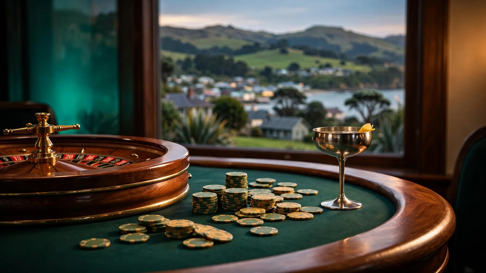 Casino table with roulette wheel and chips, New Zealand coastal view in background
