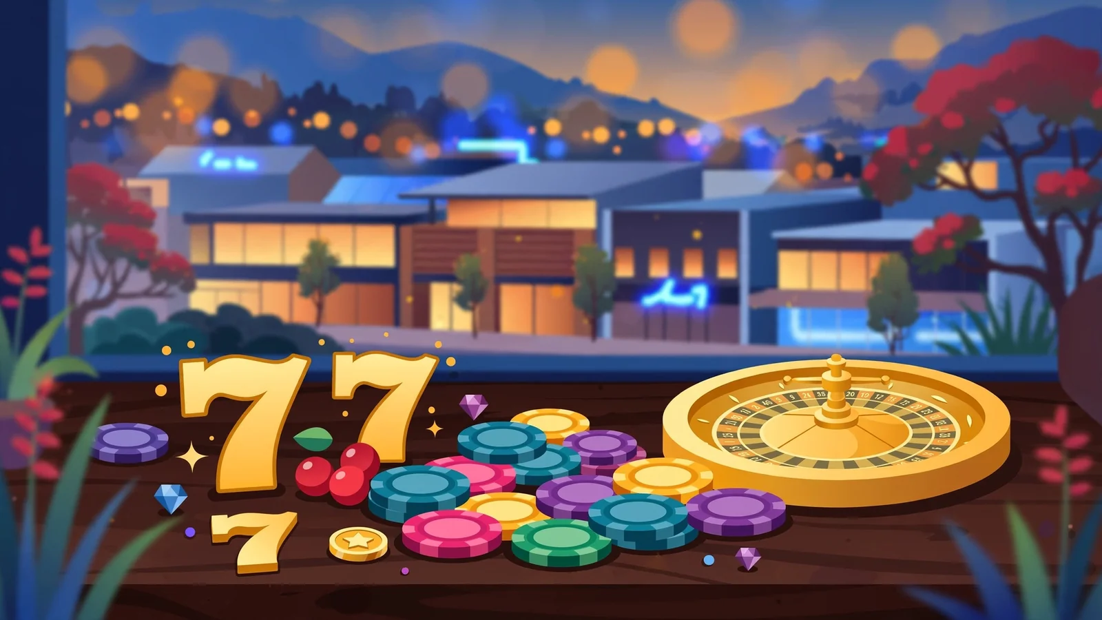Stylized illustration of New Zealand online slot casino scene with chips, roulette, and iconic symbols at twilight.