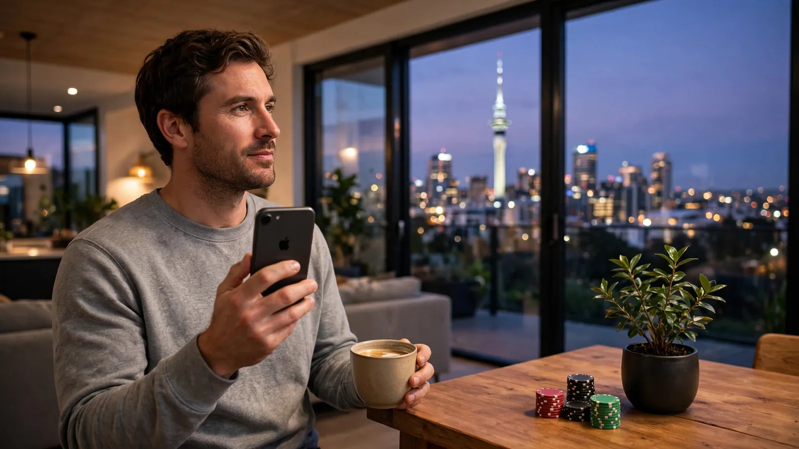 Person holding an iPhone with Auckland skyline at dusk