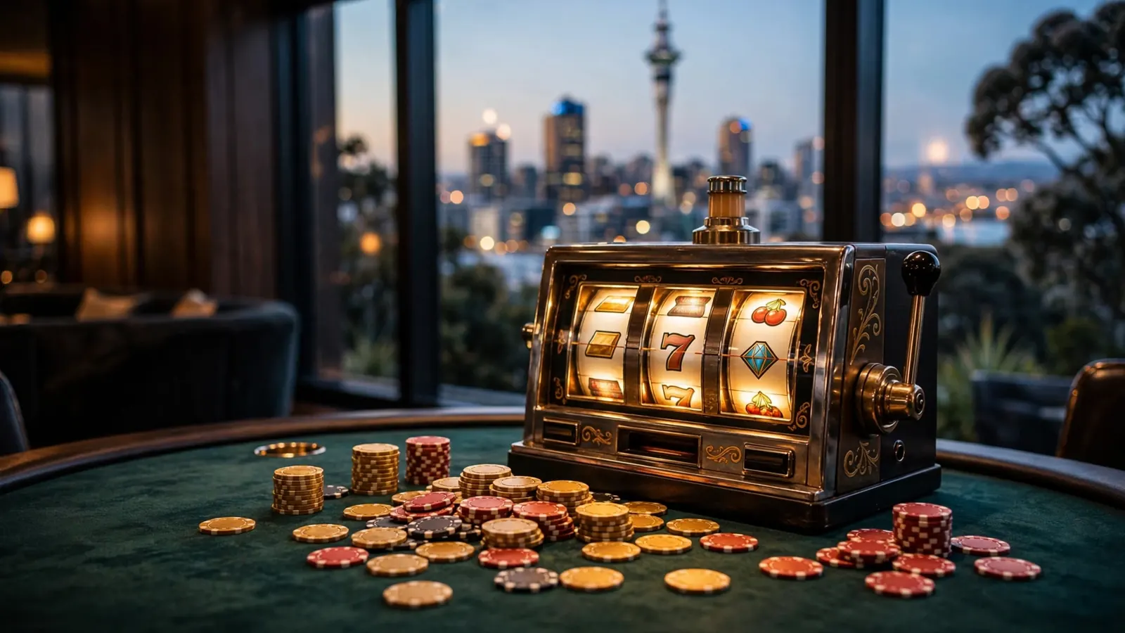 Casino chips and a slot machine on felt with Auckland skyline at dusk