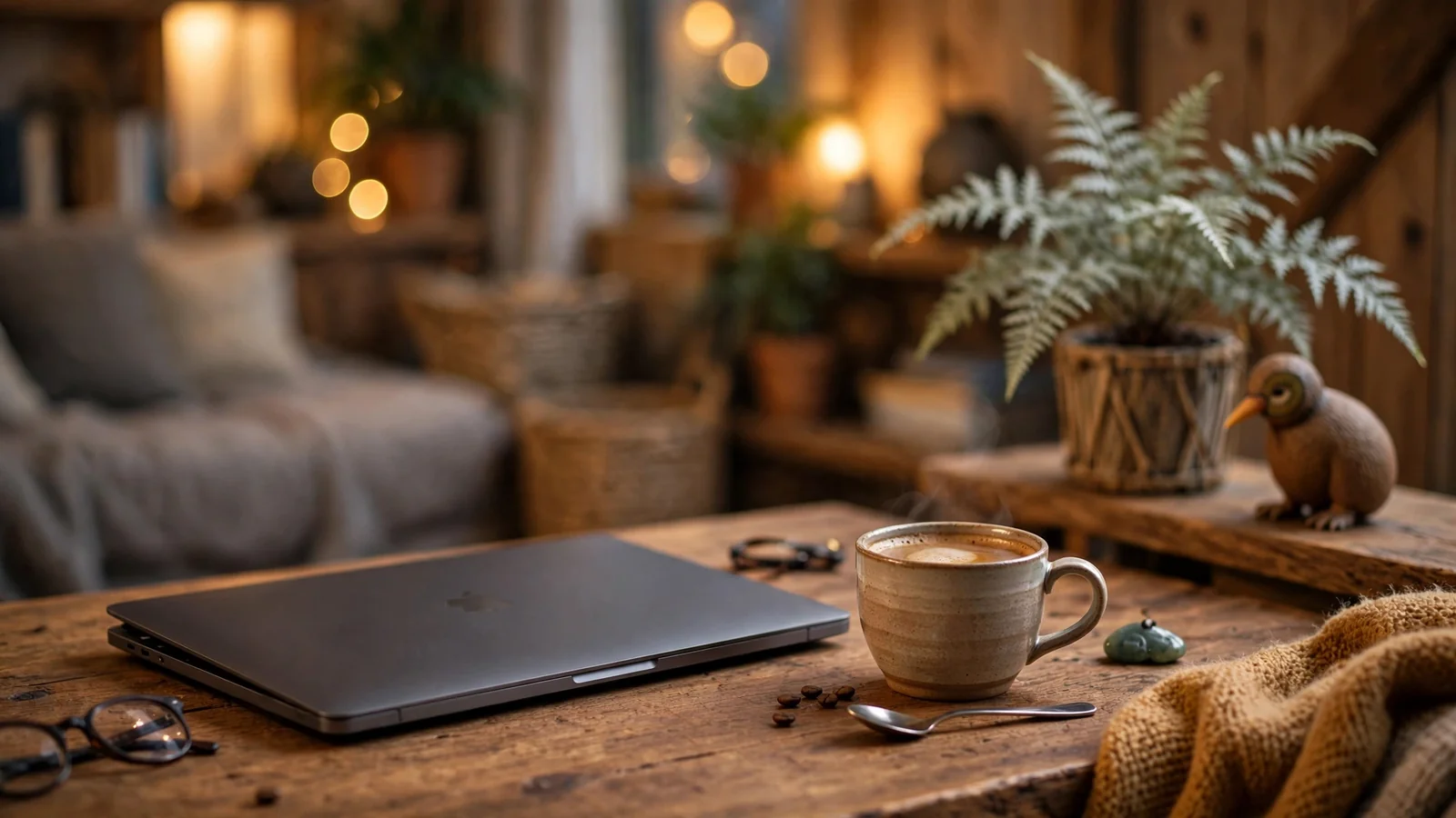 Laptop and coffee on a table with New Zealand home decor in the background