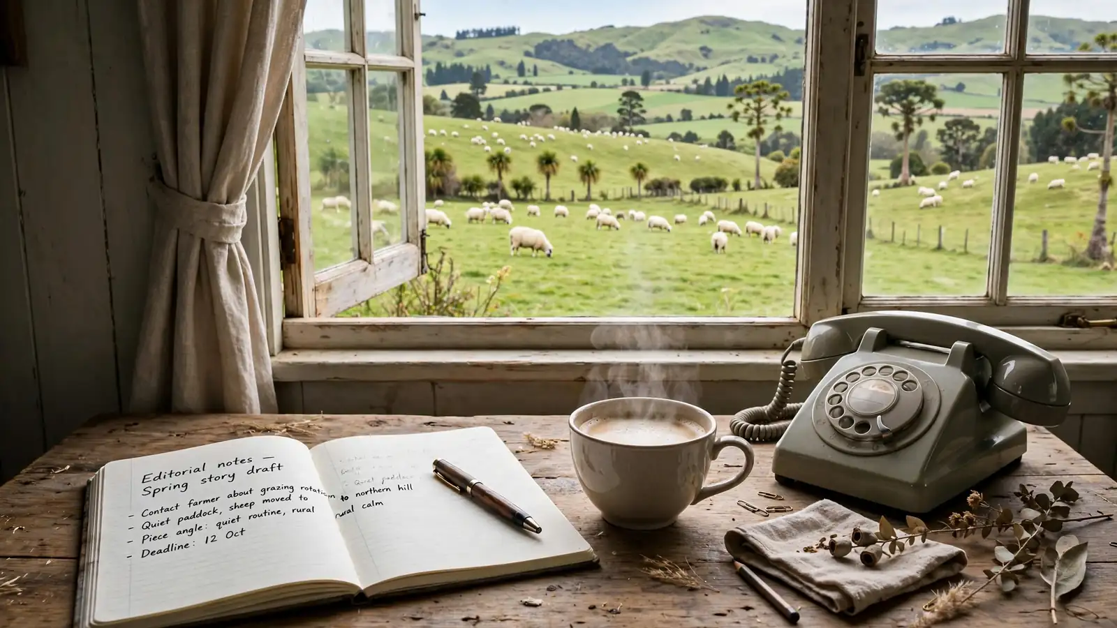 Rustic New Zealand desk with notebook, coffee, and rotary phone near a pasture window