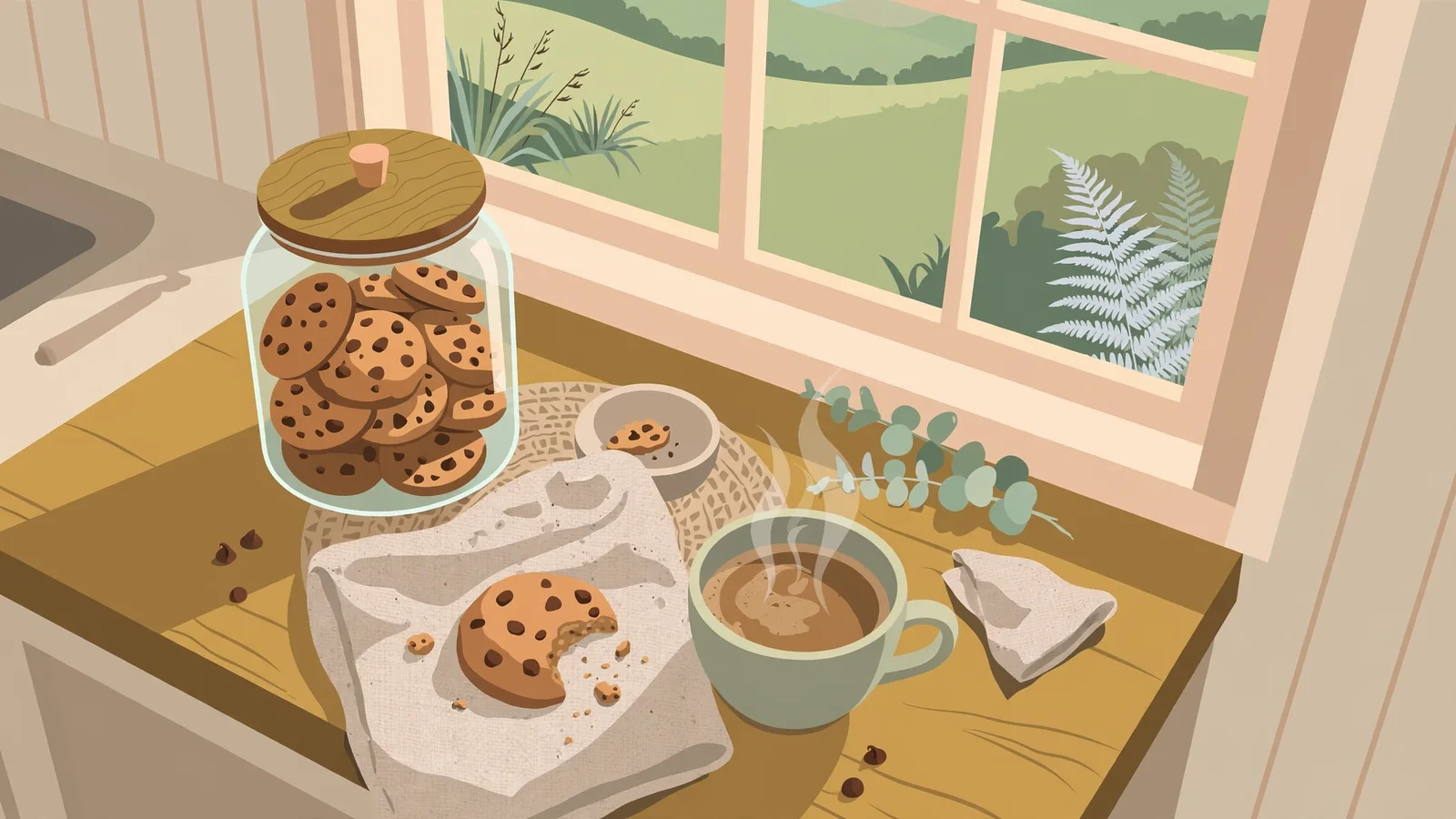 Illustration of cookie jar on wooden kitchen counter with coffee cup and New Zealand landscape view