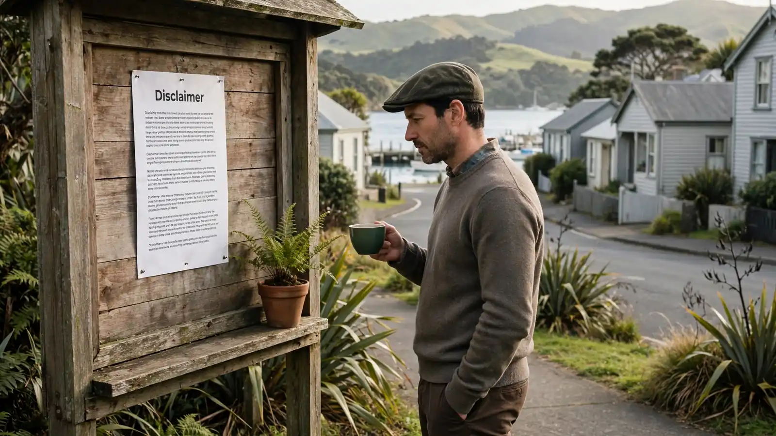 New Zealand coastal notice board with a disclaimer sheet pinned to it