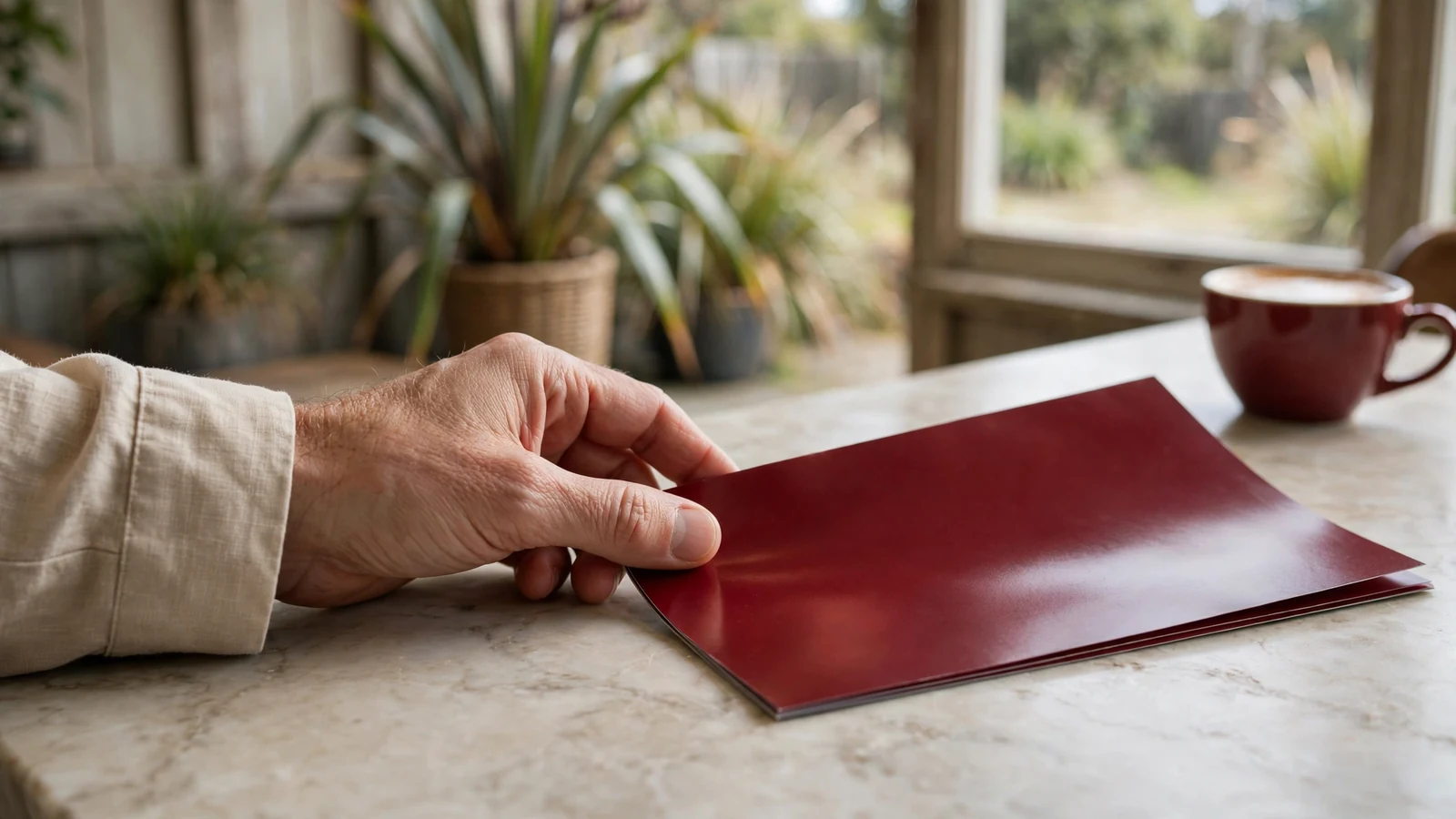Hand pushing a promotional brochure aside on a counter