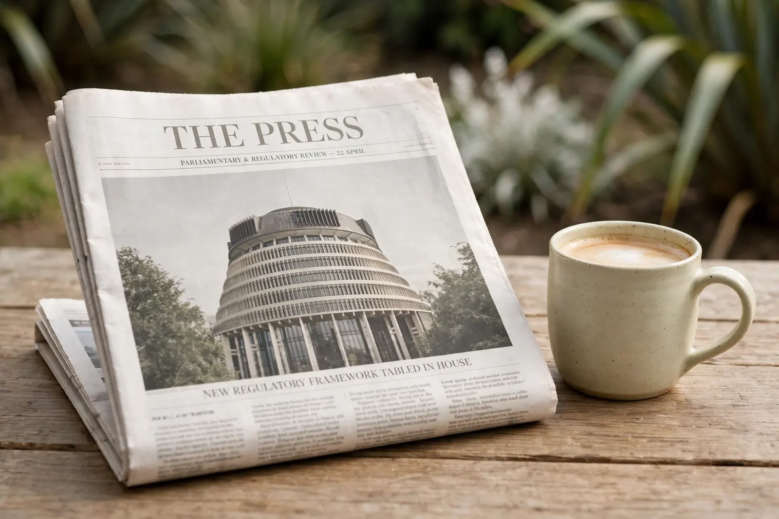 Folded New Zealand newspaper on a wooden table