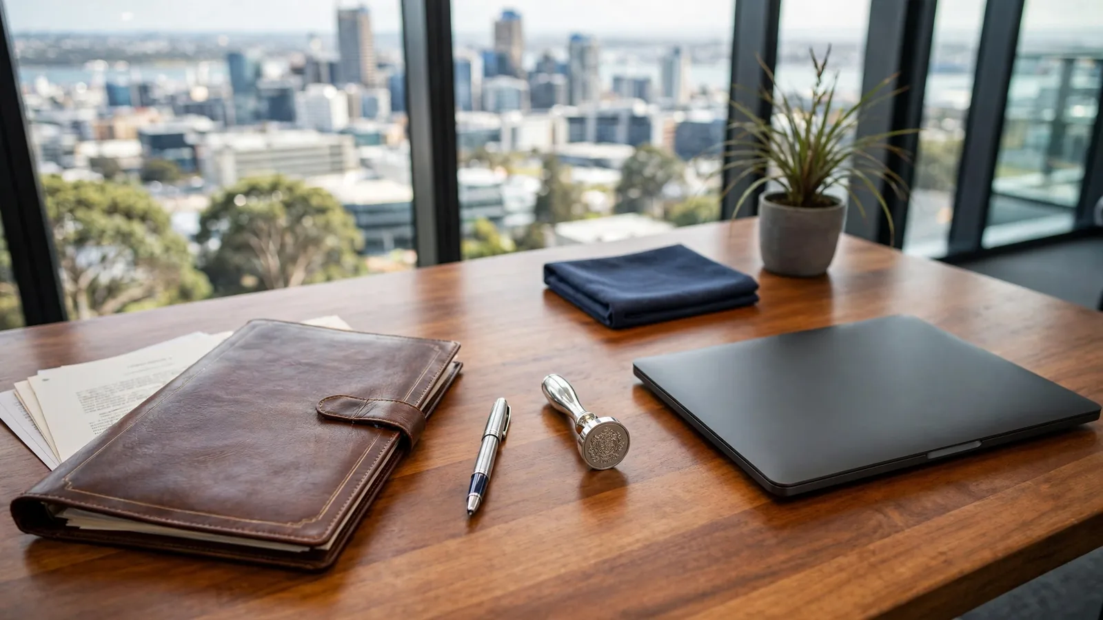 Legal documents and embossing seal on a New Zealand office desk