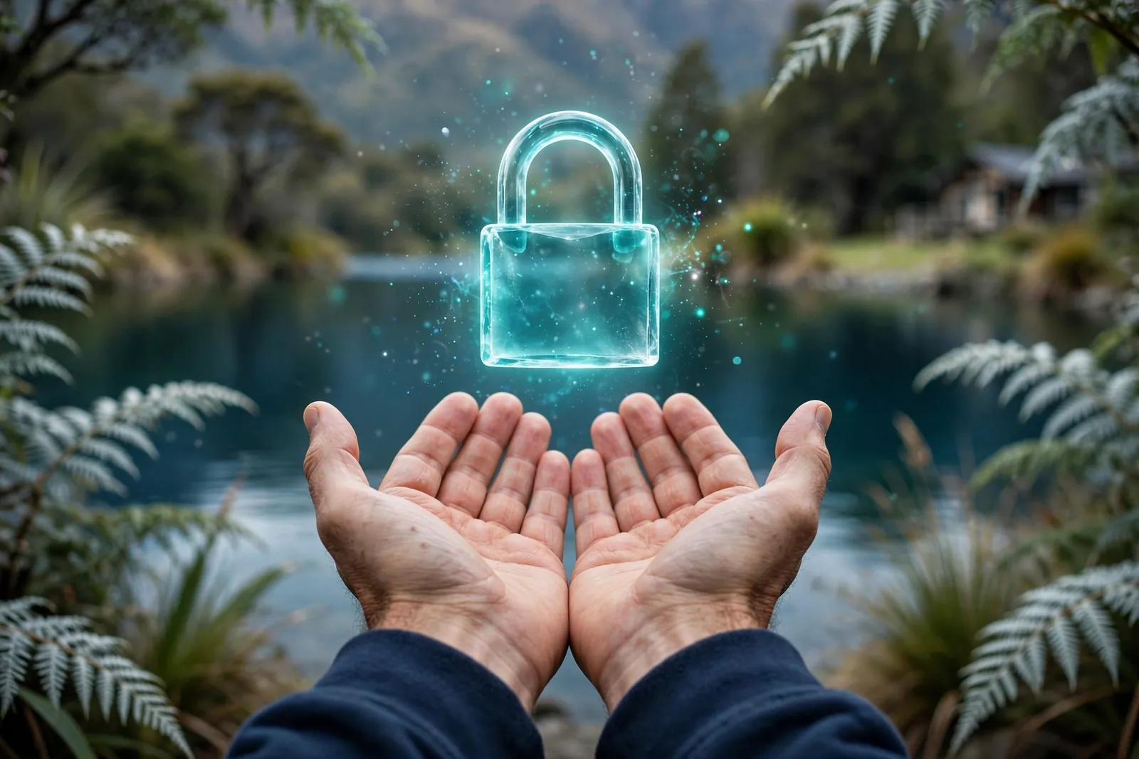 Glowing padlock hovering over open hands with a New Zealand nature backdrop