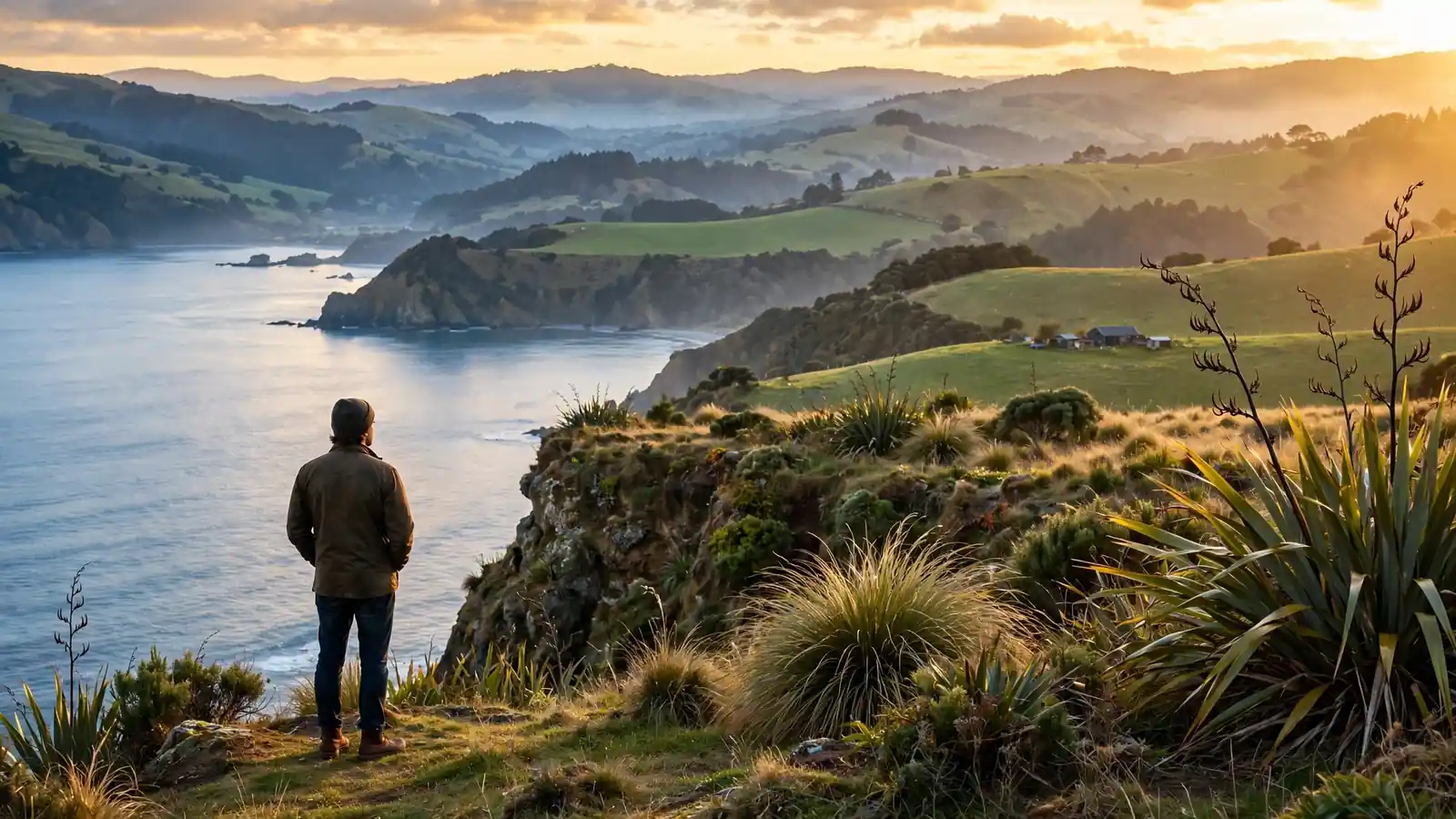 Person standing on a New Zealand coastal cliff at sunset, looking out over green hills and ocean in quiet reflection.