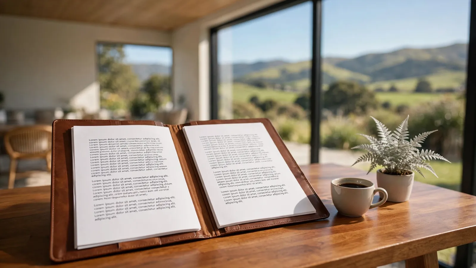 Legal document folder on a wooden desk with a small silver fern and New Zealand hills through a window.
